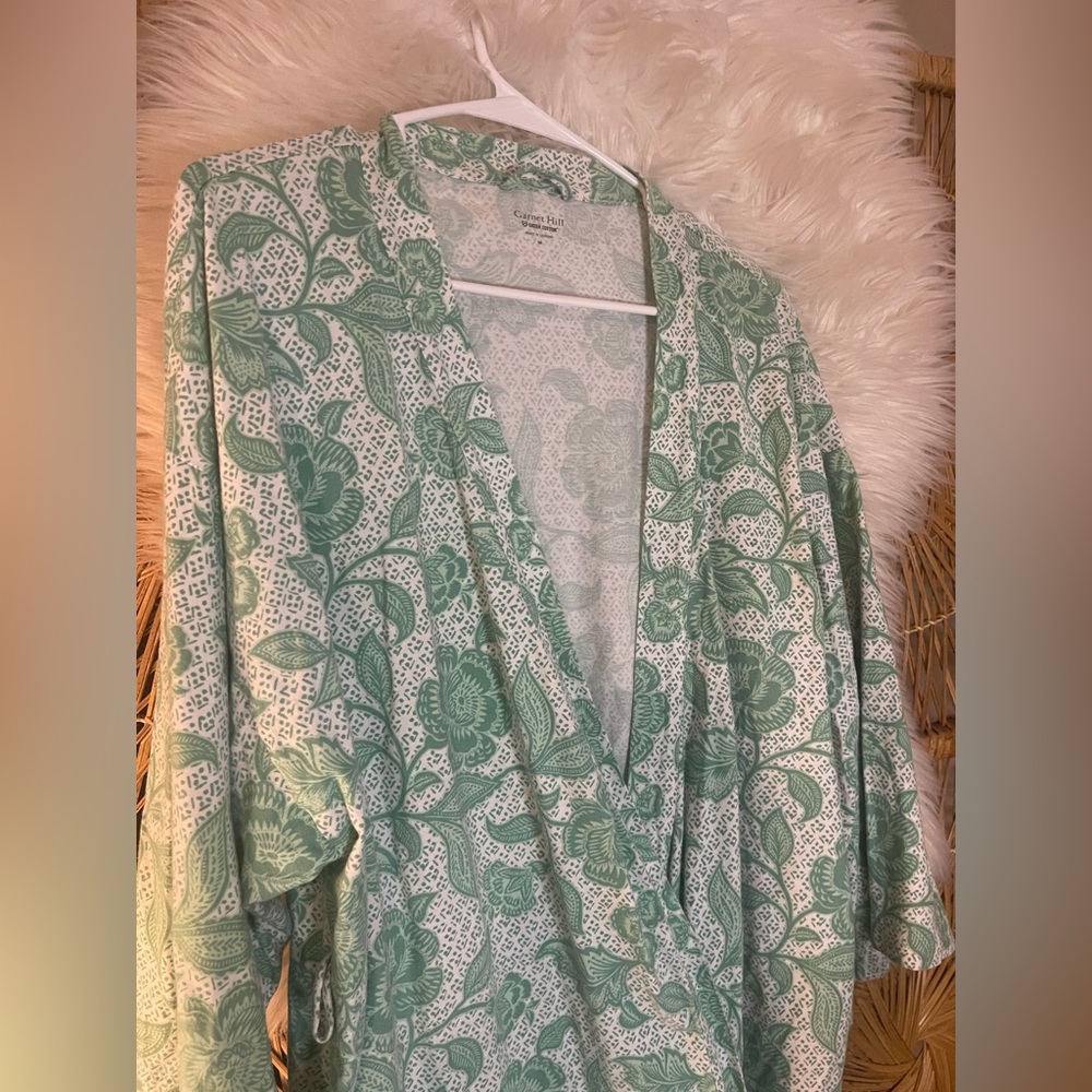 Garnet Hill Womens Asian Wrap Organic Cotton Robe Green Floral Cottagecore M - Picture 4 of 10